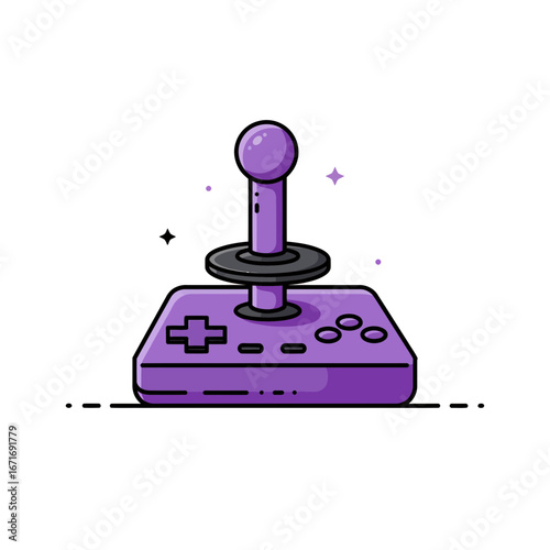 Purple joystick game controller with a spherical handle and directional pad isolated on white. Concept for video game asset, entertainment graphic and vintage gadget design
