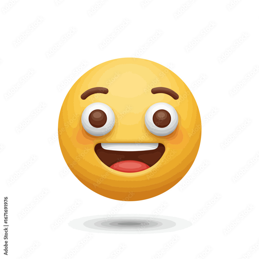 Fototapeta premium Smiling yellow cartoon emoji face with joyful expression and round eyes. concept for online communication, social media reactions and instant messaging