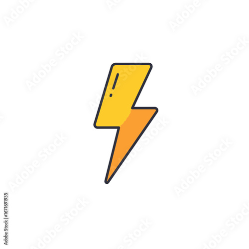 Stylized vector of a single yellow lightning bolt with orange detail against a white background, concept for energy illustration, power symbol and electrical hazard warning