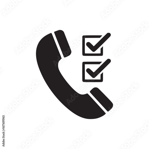 A black phone receiver icon with two check marks indicating a completed call or task list icon