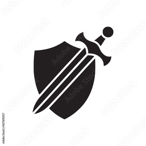 A simple black and white graphic illustration of a shield and sword on a plain white background image