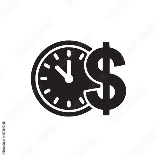 A black and white image of a clock and a dollar sign representing time is money concept icon