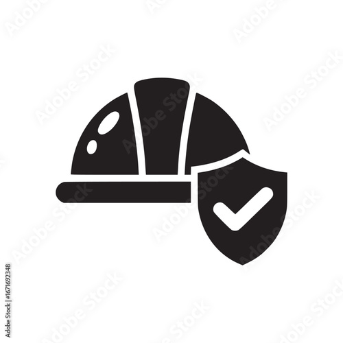 Black hardhat with shield and checkmark symbolizing safety and protection in construction industry
