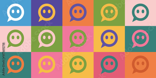 Colorful chat bubble icons with smiley faces grid pattern, representing communication and social interaction playful style