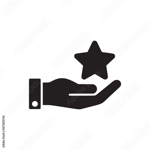 A black silhouette of a hand holding a star against a white background in a simple design style
