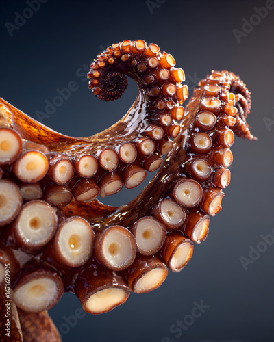 close-up of grilled octopus tentacle with paprika oil