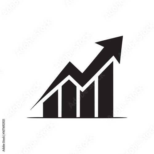 Black and white graphic of a rising bar graph with an arrow pointing upwards on a white background