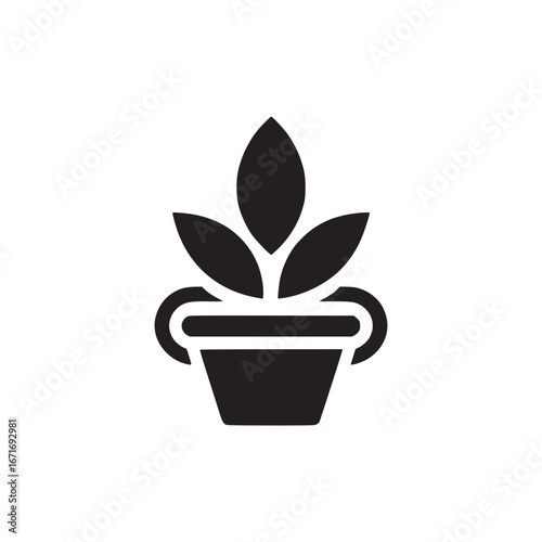 A simple black and white illustration of a potted plant with three leaves on a white background
