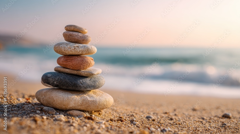Fototapeta premium Stacked stones on beach at sunrise