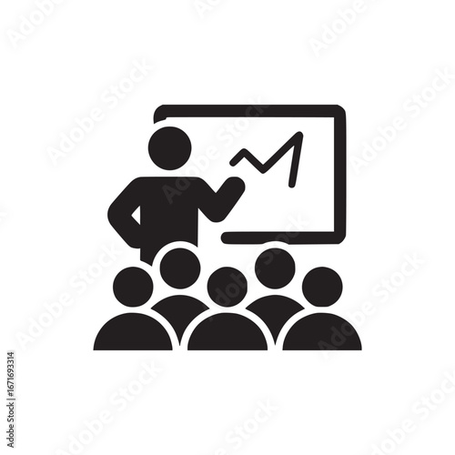Illustration of a presenter with a graph and an audience in a black and white color scheme image