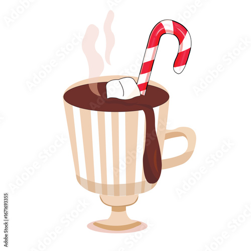 glass of hot chocolate with marshmallow and new year lollipop on white background isolate