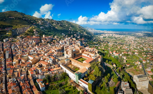 Monreale Cathedral or Duomo di Monreale aerial view, Palermo