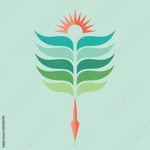 Symmetrical foliage graphic with a rising sun and arrowhead.