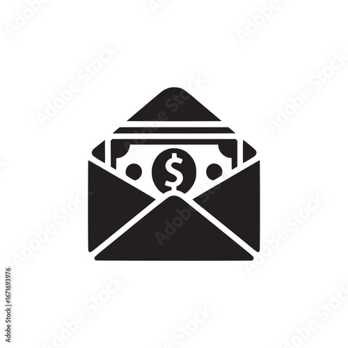 A black and white graphic of an envelope containing a dollar bill with a dollar sign on it