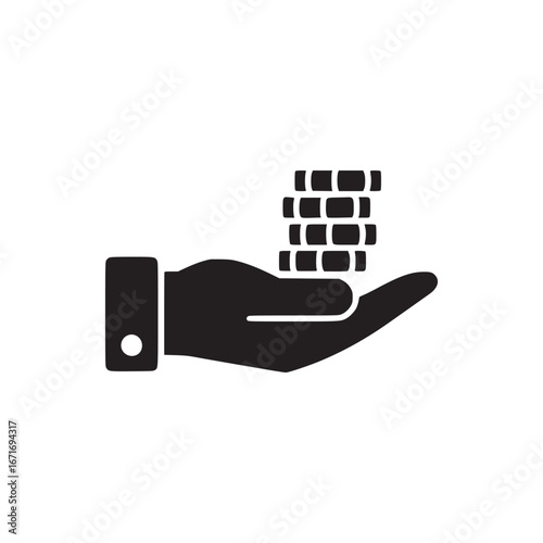 A black silhouette of a hand holding a stack of coins on a white isolated background in vector format