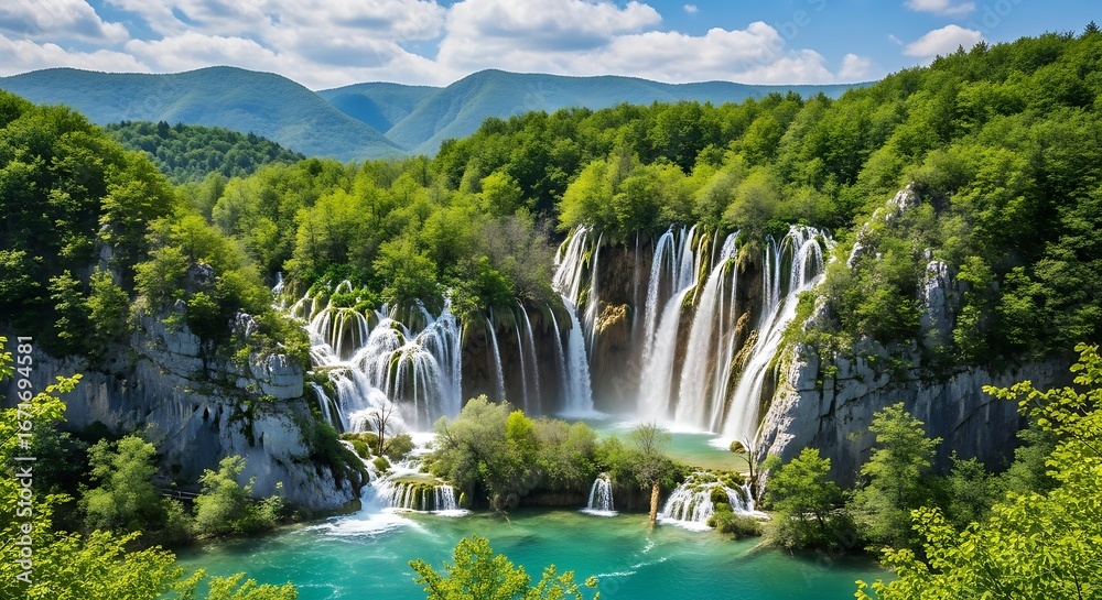 Fototapeta premium Stunning Waterfall Cascading into Turquoise Lake.