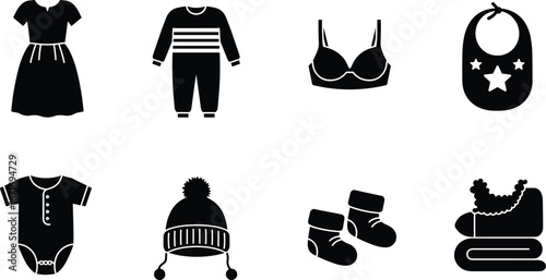 Vector set of baby clothes and accessories in black silhouette, including dress, bib, hat, onesie, socks, and swaddle blanket