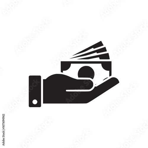A black and white graphic of a hand holding money with a white background illustration style art