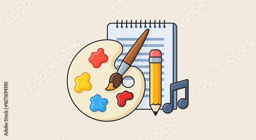 Art supplies arranged neatly on a beige surface representing creativity and artistic expression with a bright and cheerful mood.