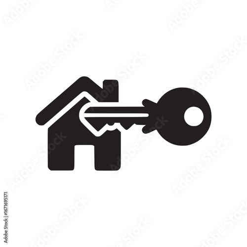A black and white graphic icon showing a house with a key going into the door on a white background