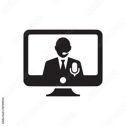 A black and white icon of a person on a computer screen with a microphone and a tie and jacket on