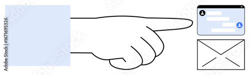 Hand pointing toward a chat interface with user messages and an email envelope. Ideal for communication, messaging, user interaction, digital tools, email notification, online services, simple