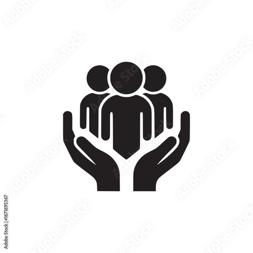 Black icon of three people being held in two hands on a white background in a simple style image