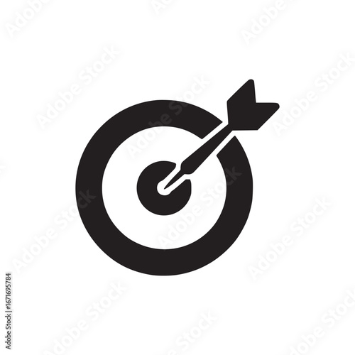 A black and white graphic of a dart hitting the center of a target on a white background space