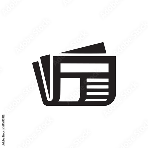 A black and white minimalist icon of a newspaper with headlines and articles on a white background