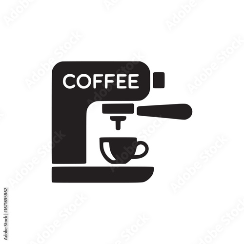A black and white illustration of a coffee machine with a cup underneath the dispenser