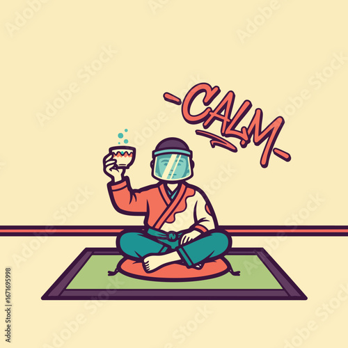 Calm Person Meditating with Tea Wearing Face Shield.