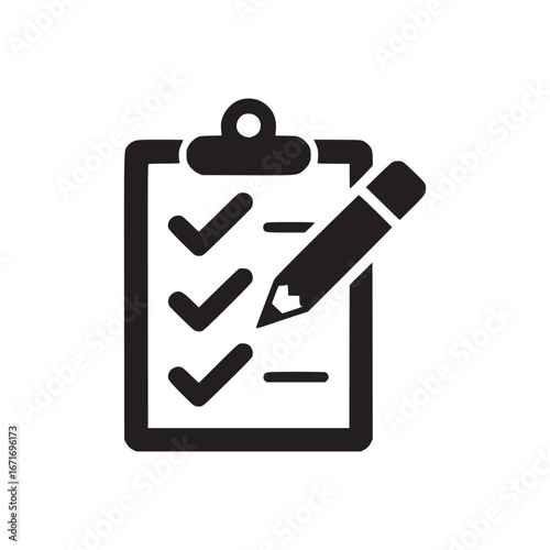 A black and white illustration of a clipboard with checkmarks and a pencil on a white background