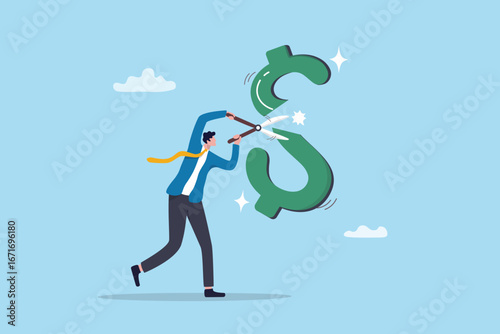 Cut expense reduce budget, interest rate or loan debt decrease, investment reduction in recession or financial problem crisis, tax payment, businessman cut dollar sign metaphor of cut expense.