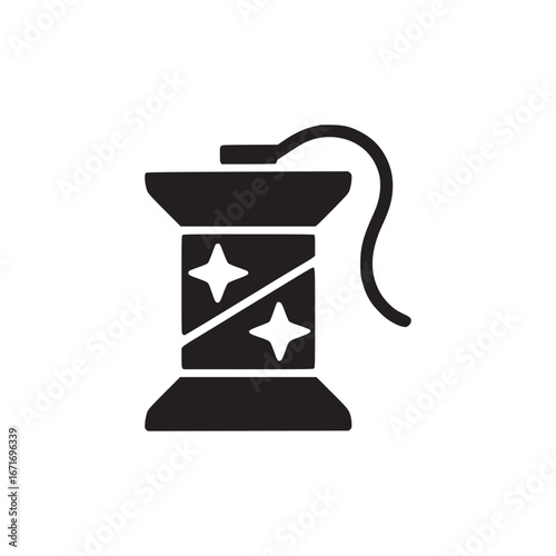 A black and white graphic of a spool with stars and a curved line on a white background design art