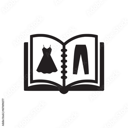 Open book illustration displaying a dress on the left page and pants on the right page in black