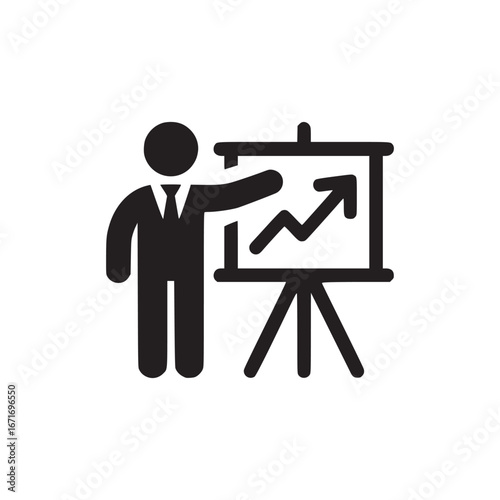 A black and white icon of a person presenting a chart with an upward trending arrow on a whiteboard