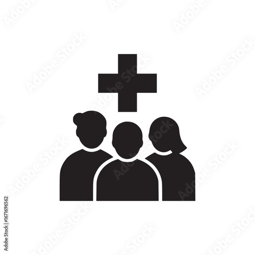 Black and white illustration of three people under a plus sign in a simple graphic style