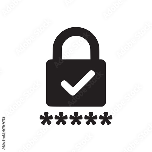 A black padlock with a white checkmark and asterisks below on a white background security concept