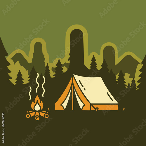 Camping adventure with tent and campfire in the wilderness.
