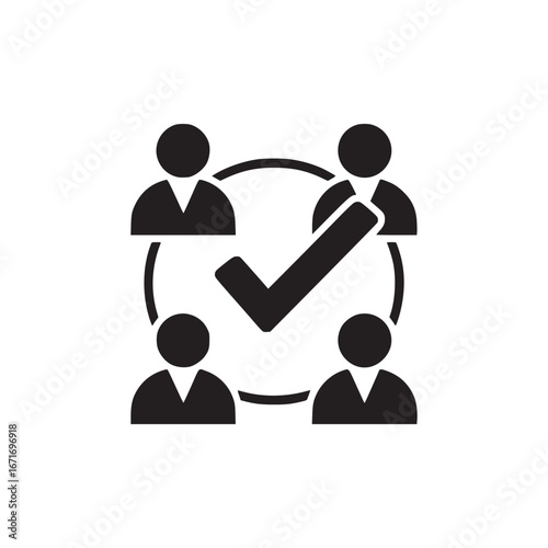 A black and white illustration of four people with a check mark in the center circle design icon