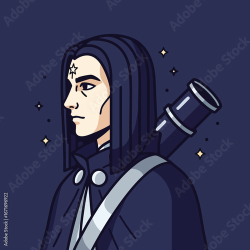 Mysterious Young Man with Telescope Starry Night Portrait.