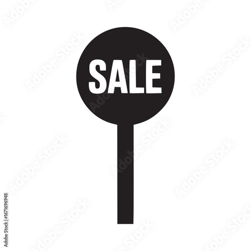 A black and white sale sign with a circular top and a rectangular bottom against a white background