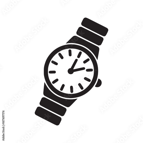 A black and white graphic illustration of a wristwatch with a metal band and clock face design