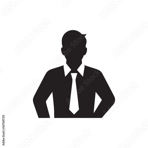 A silhouette of a man wearing a shirt and tie with his hands on his hips against a white background