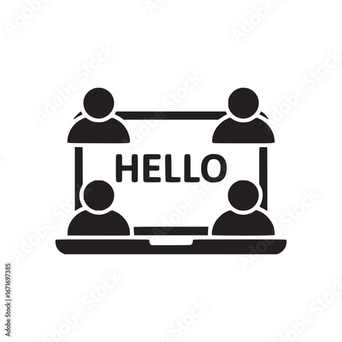 A black and white illustration of a video call with four participants saying hello on a laptop screen