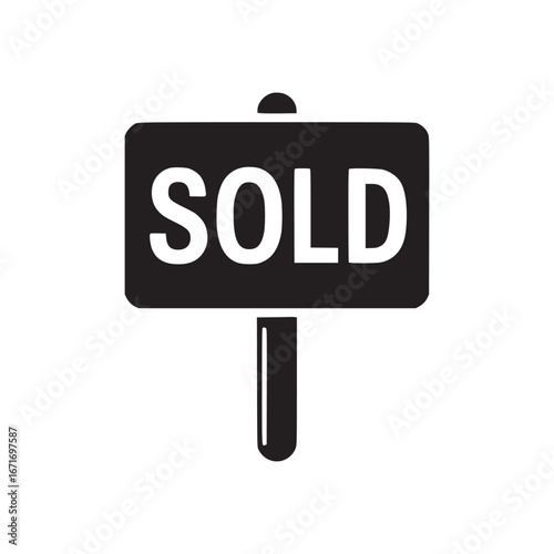 A simple black and white illustration of a sold sign with a post on a light gray background