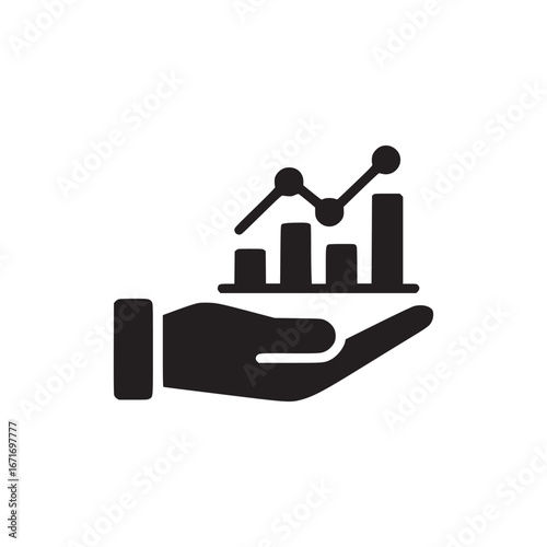 A black and white icon of a hand holding a graph with bars and a line graph on a white background