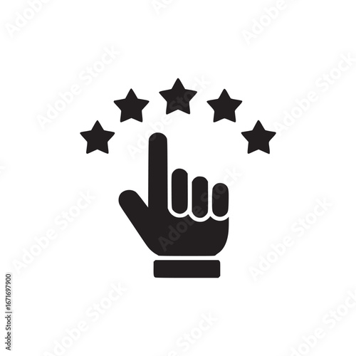 A black silhouette of a hand with index finger pointing up at five stars in a curved formation