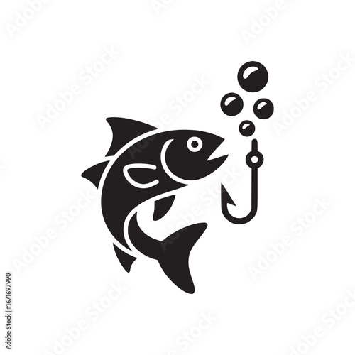 A graphic illustration of a fish with a hook and bubbles in black and white color scheme design art