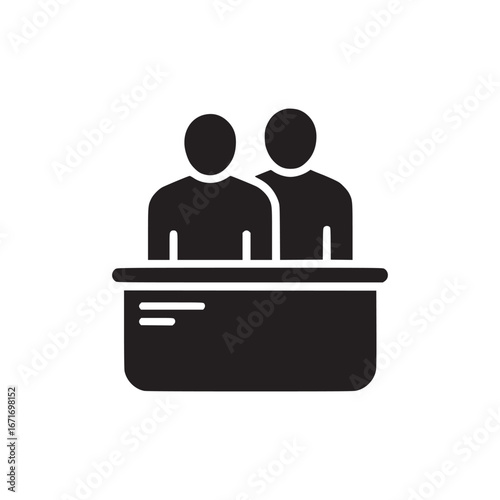 A black and white illustration of two people behind a desk or counter with lines on the front